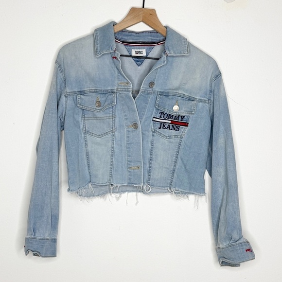 Tommy Jeans Logo Cropped Denim Jacket Raw Hem M - Picture 3 of 5